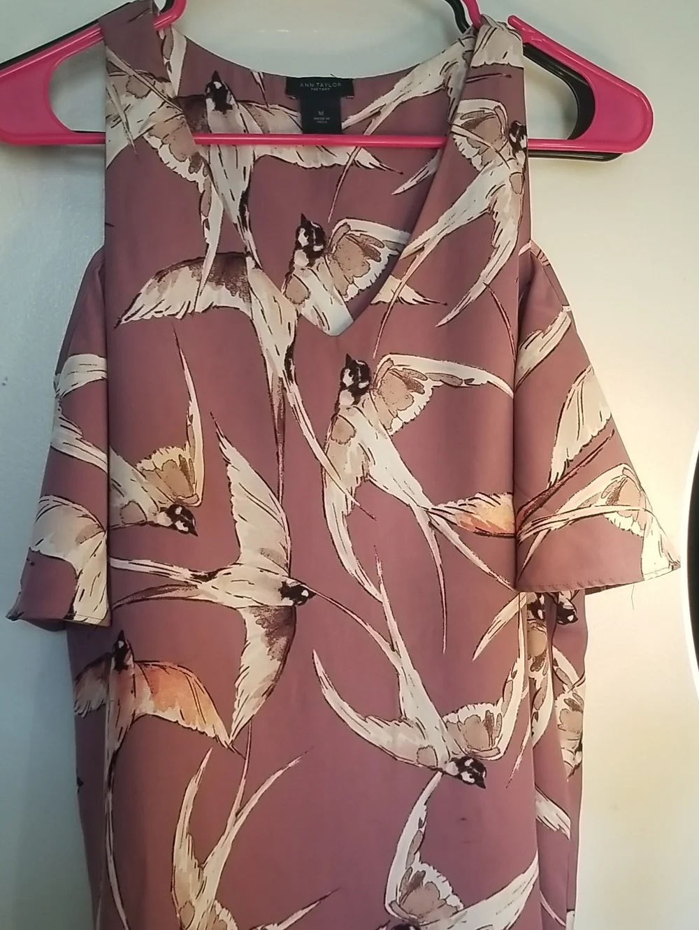 Ann Taylor Mauve Cold-Shoulder Bird-Print Blouse